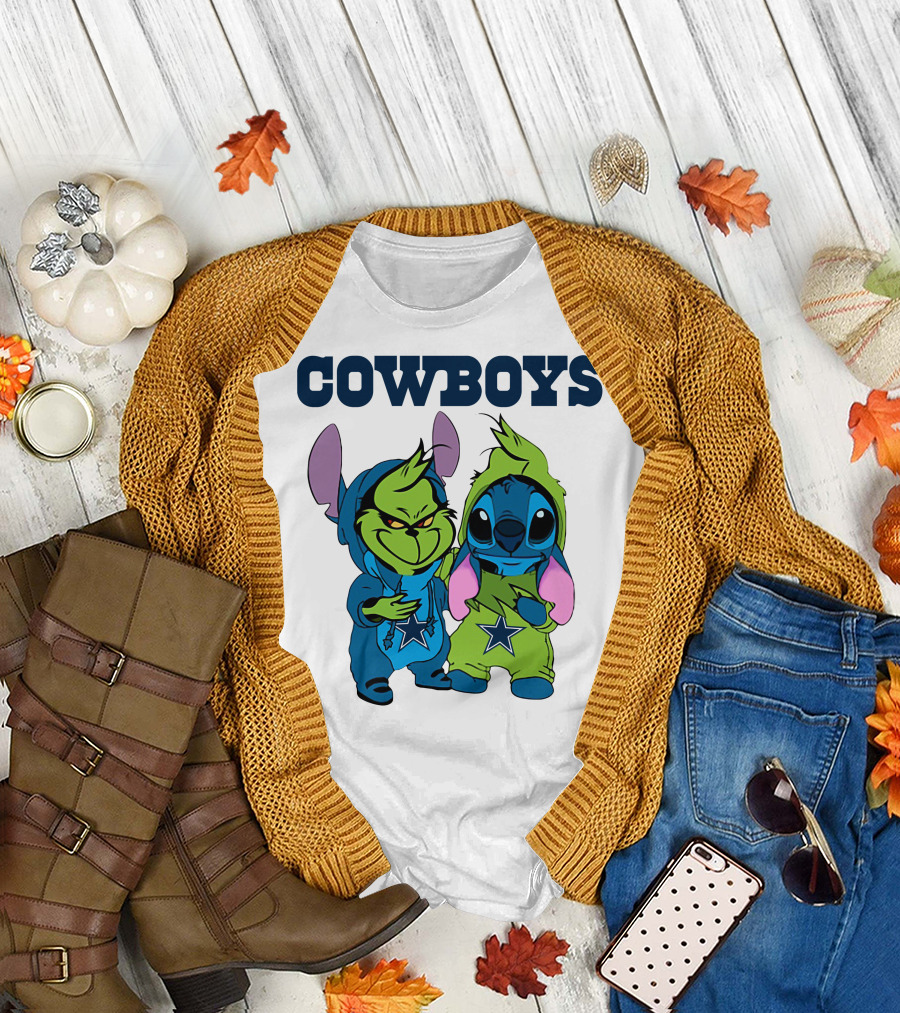 Cowboys Disney NFL Stitch Grinch Character Mashup T-Shirt