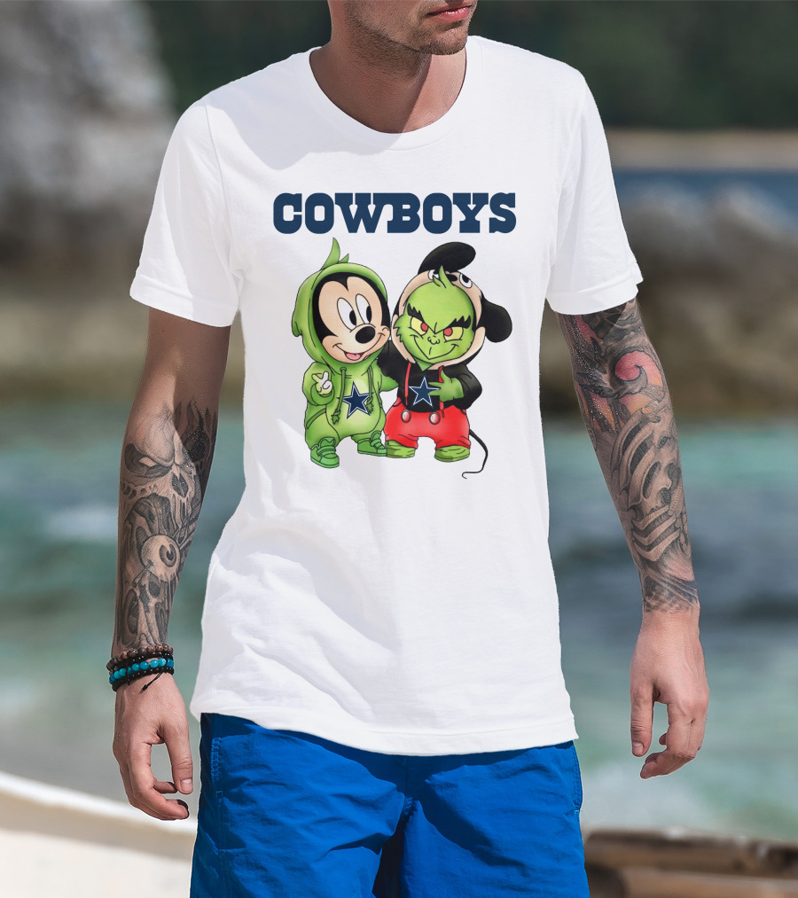 Cowboys Mickey Mouse And Grinch Collaboration Football Fan Style T-Shirt