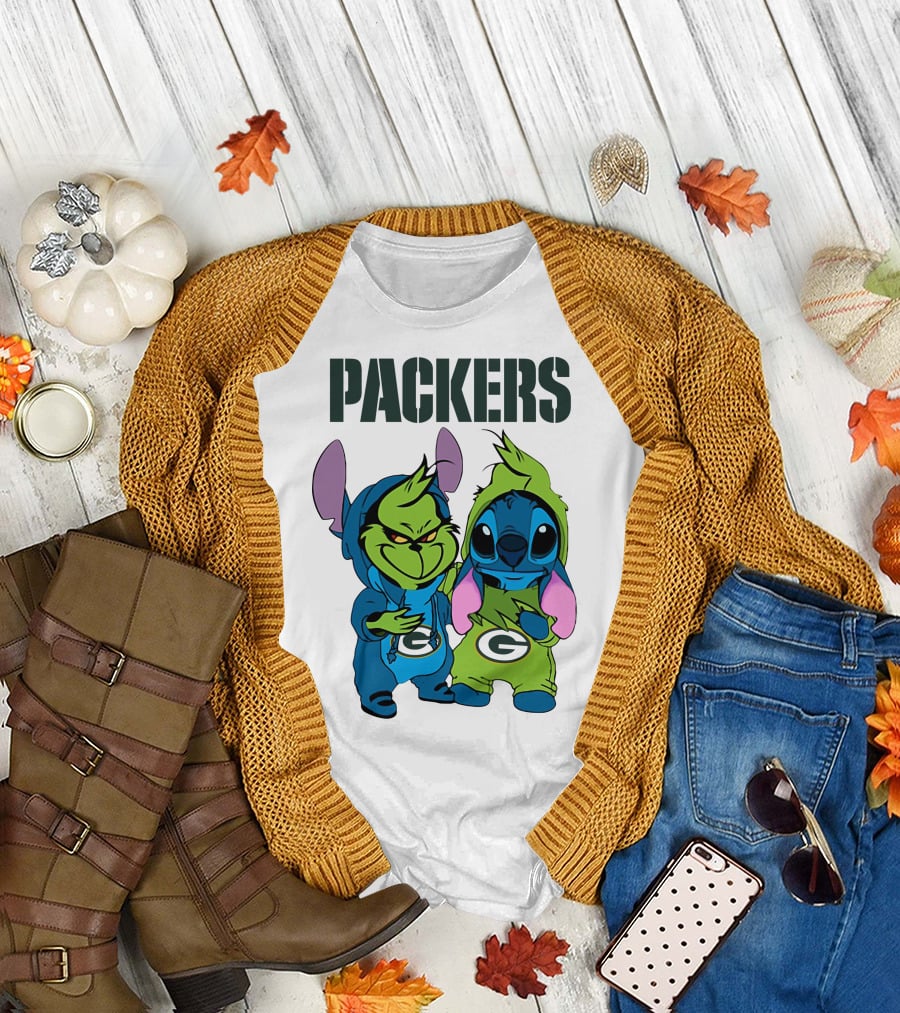 Packers Grinch And Stitch Green Bay Football Crossover T-Shirt