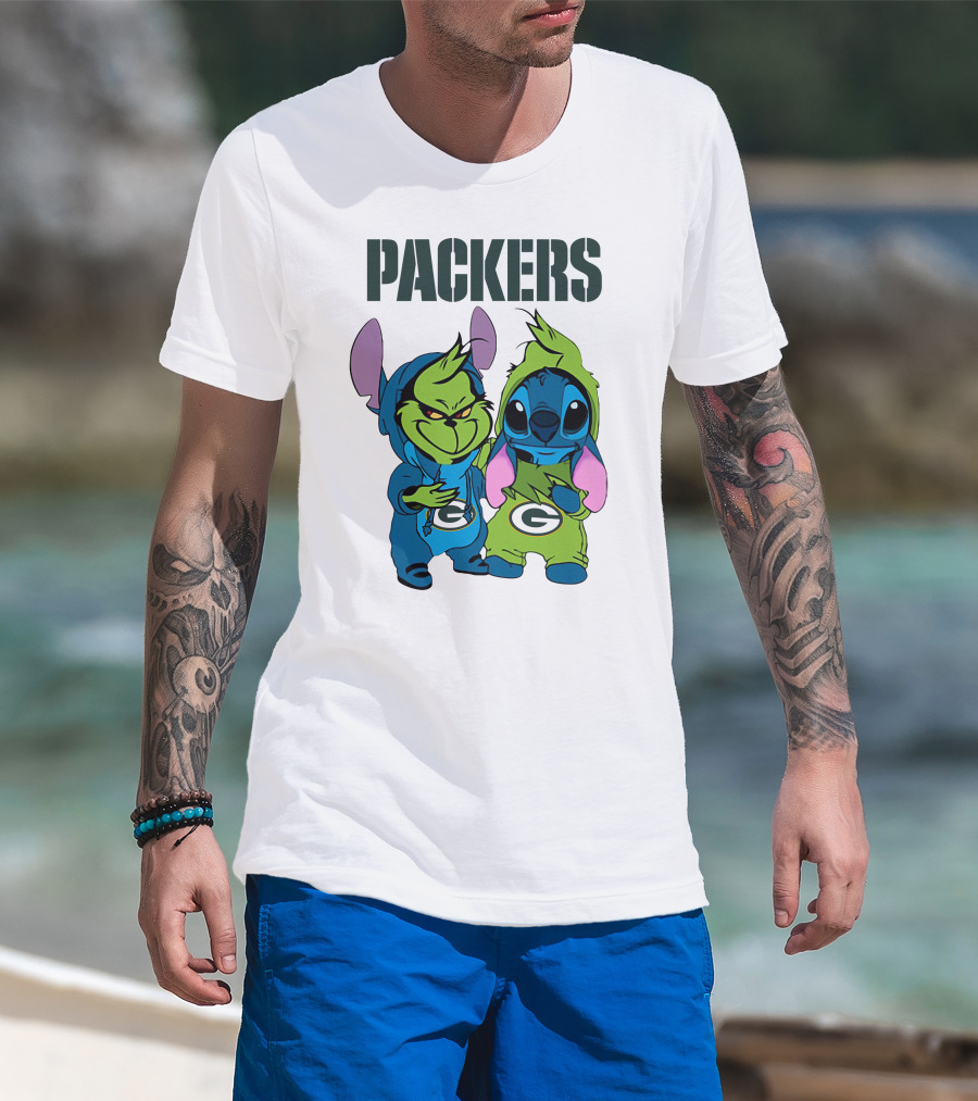 Packers Grinch And Stitch Green Bay Football Crossover T-Shirt