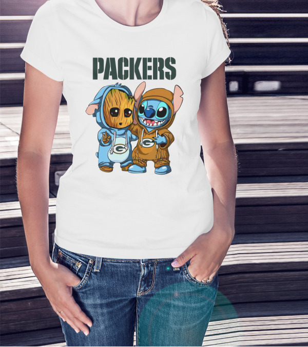 Packers Groot And Stitch Hug Wearing Green Bay Packers Hoodies T-Shirt