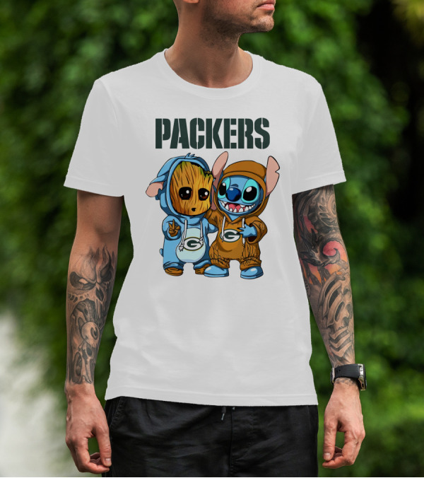 Packers Groot And Stitch Hug Wearing Green Bay Packers Hoodies T-Shirt
