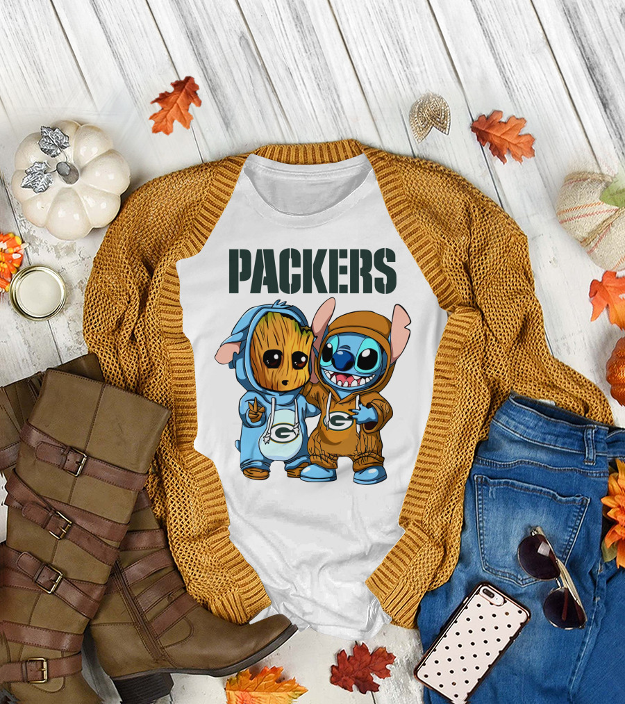 Packers Groot And Stitch Hug Wearing Green Bay Packers Hoodies T-Shirt