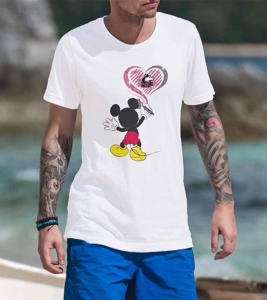 Mickey Mouse Drawing Northern Illinois University Huskies Logo In Heart Shape T-Shirt