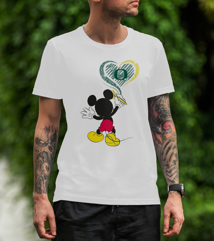 Mickey Mouse Draws Oregon Ducks Heart With Number T-Shirt