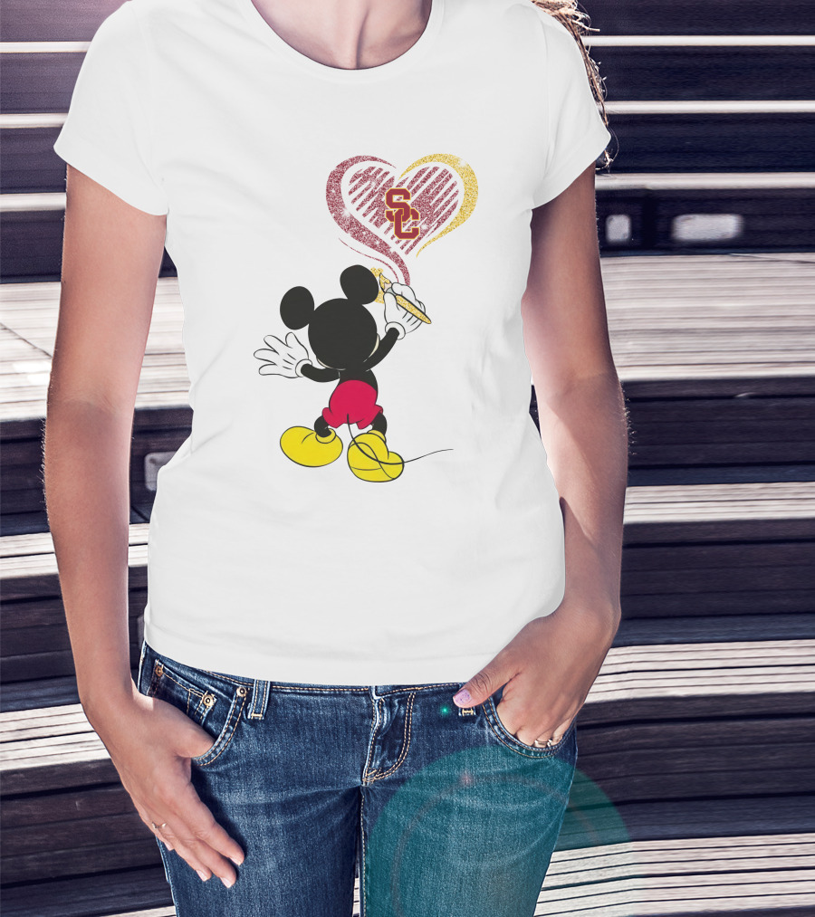 Mickey Mouse Drawing Heart With Usc Trojans T-Shirt