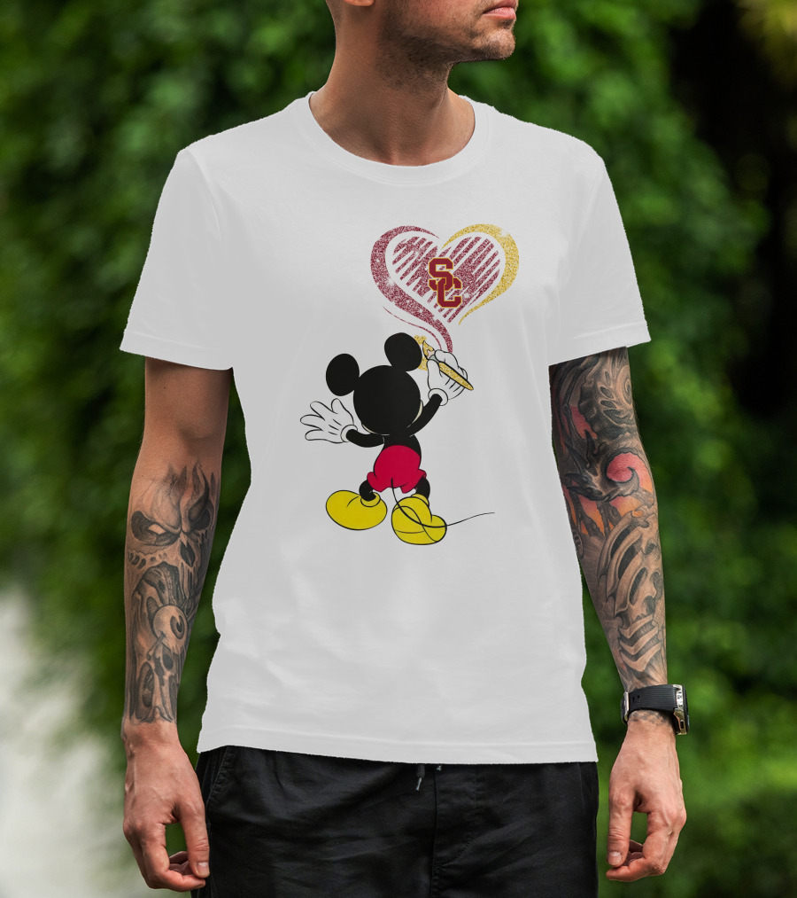 Mickey Mouse Drawing Heart With Usc Trojans T-Shirt