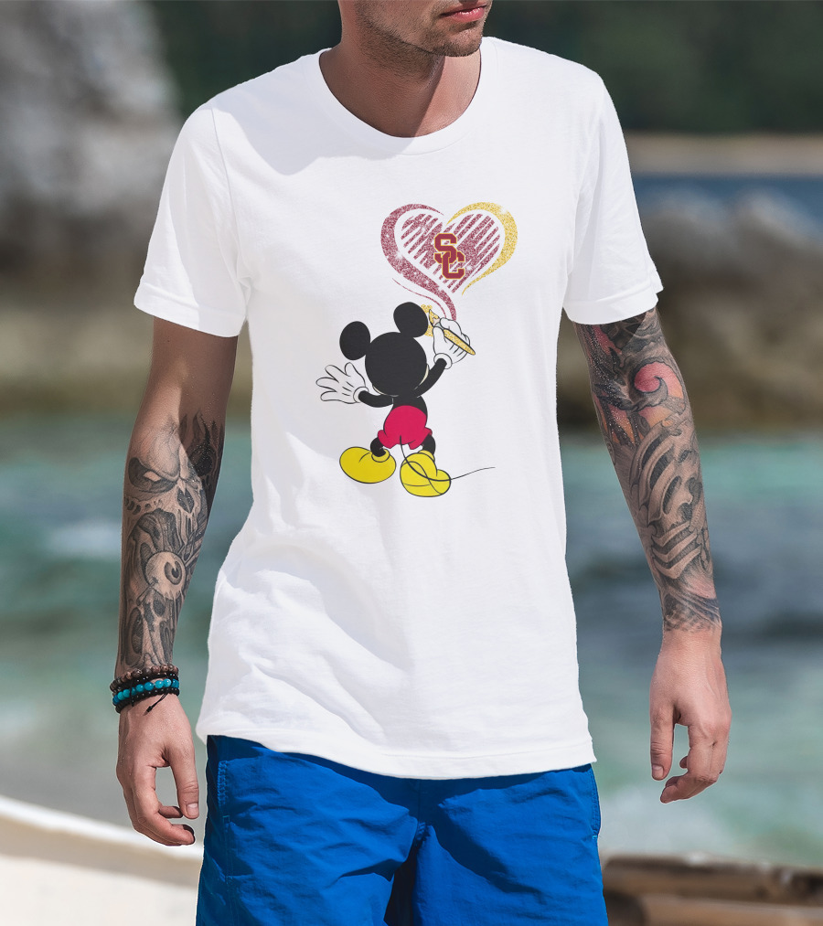 Mickey Mouse Drawing Heart With Usc Trojans T-Shirt