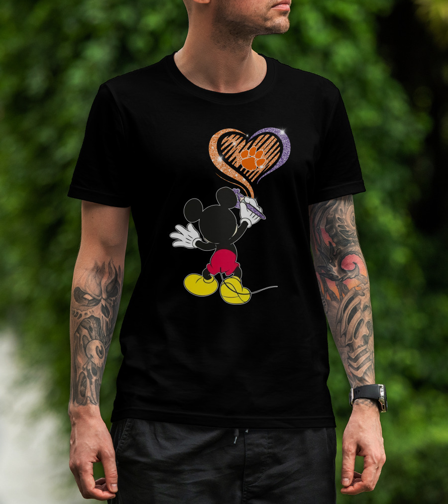 Mickey Painting Clemson Tigers Paw In Heart Shape T-Shirt