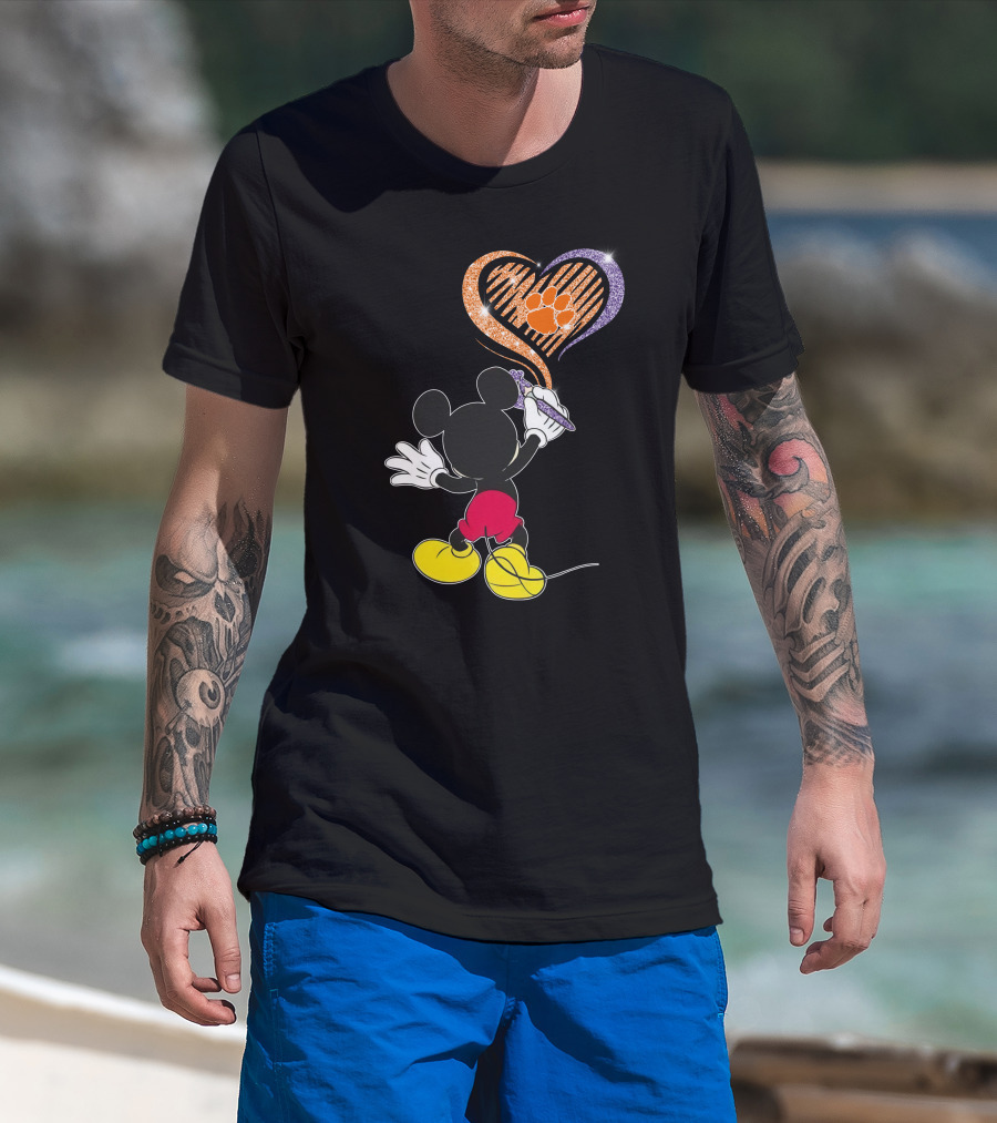 Mickey Painting Clemson Tigers Paw In Heart Shape T-Shirt