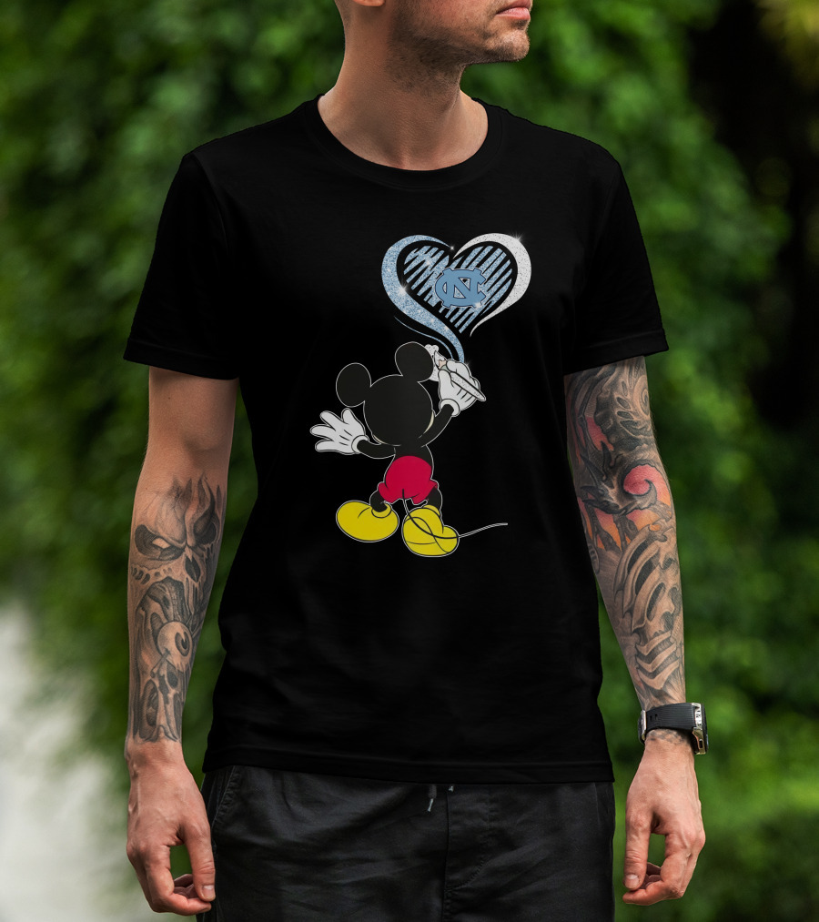 Mickey Mouse Drawing North Carolina Tar Heels In Heart Shape T-Shirt