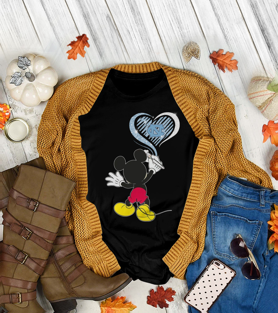 Mickey Mouse Drawing North Carolina Tar Heels In Heart Shape T-Shirt