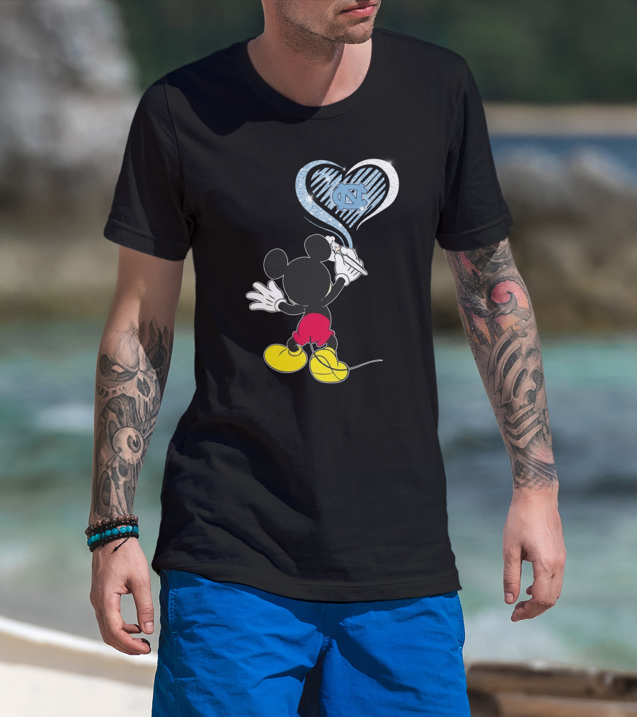 Mickey Mouse Drawing North Carolina Tar Heels In Heart Shape T-Shirt