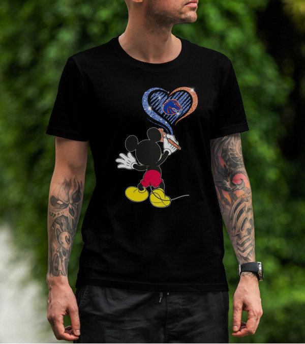 Mickey Painting Blue And Orange Heart Boise State Broncos T-Shirt