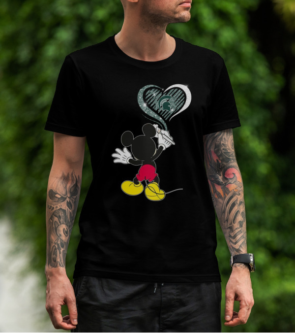 Mickey Mouse Drawing Heart Michigan State Spartans T-Shirt
