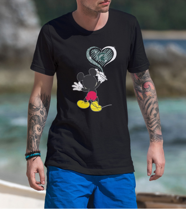 Mickey Mouse Drawing Heart Michigan State Spartans T-Shirt