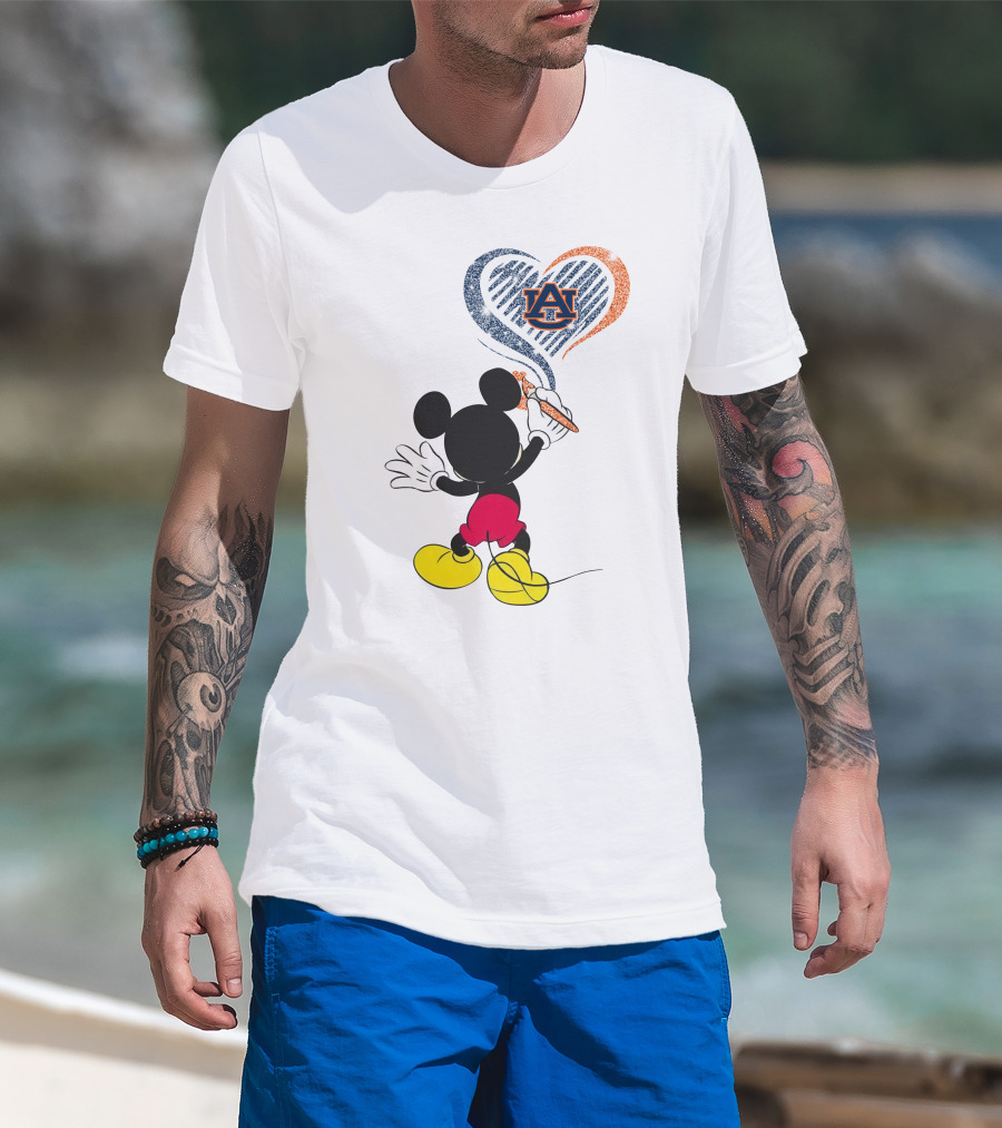 Mickey Mouse Auburn Tigers Heart Drawing T-Shirt