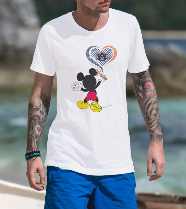 Mickey Mouse Auburn Tigers Heart Drawing T-Shirt