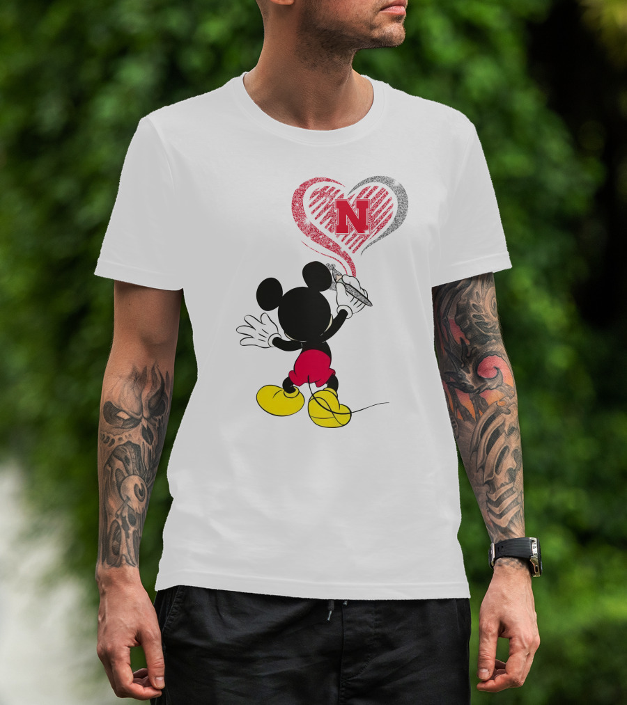 Mickey Mouse Nebraska Cornhuskers Heart Drawing T-Shirt