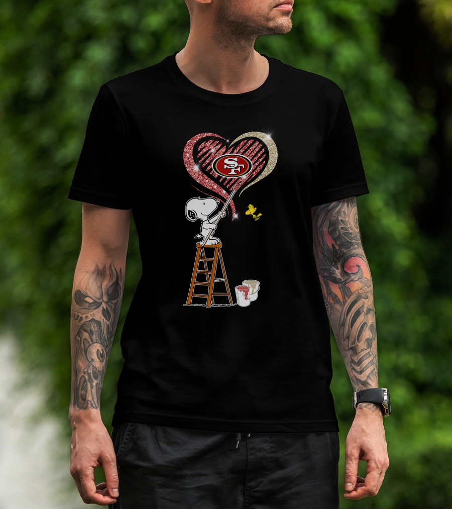Snoopy Painting San Francisco 49ers Heart With Woodstock T-Shirt