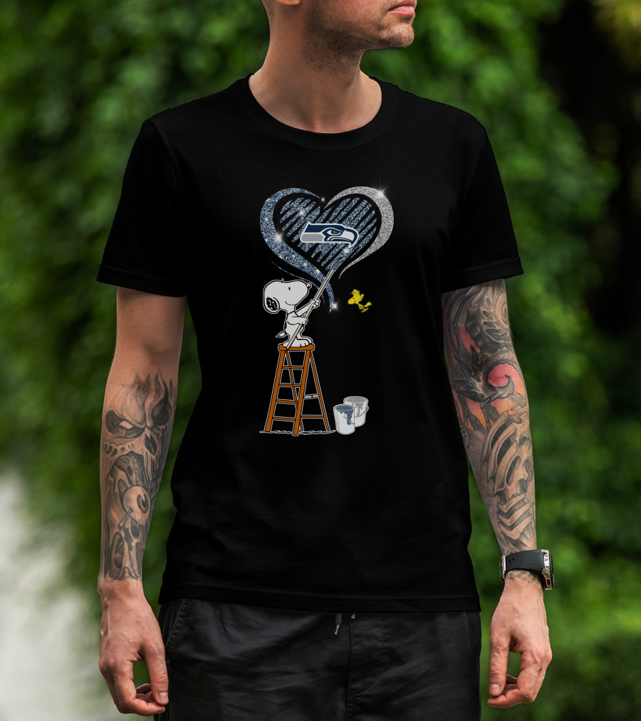 Snoopy Painting Seattle Seahawks Logo Heart With Woodstock T-Shirt
