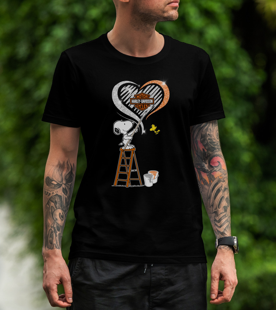 Snoopy Painting Harley Davidson Motorcycles Heart With Woodstock T-Shirt