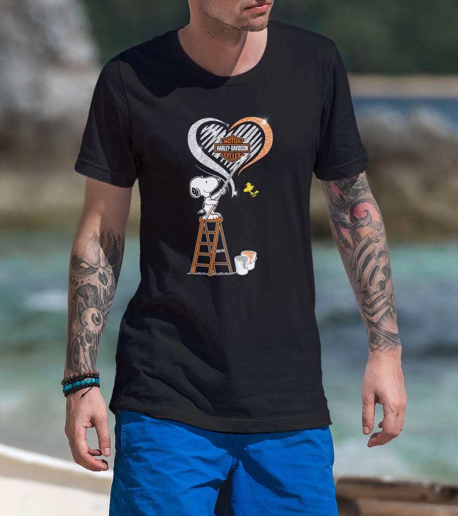 Snoopy Painting Harley Davidson Motorcycles Heart With Woodstock T-Shirt