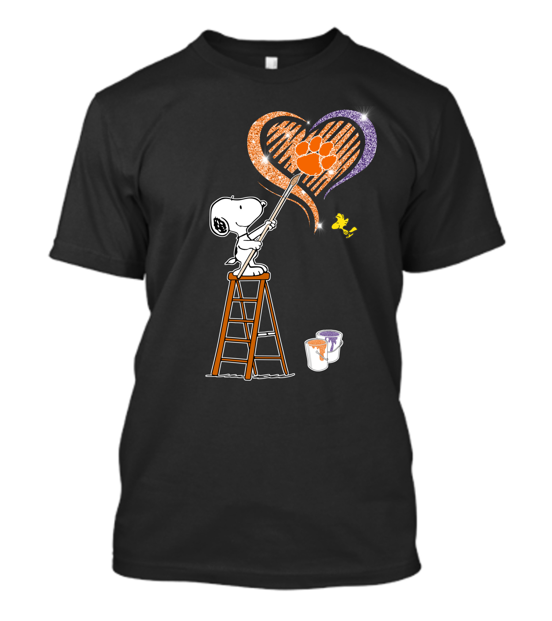 Snoopy Painting Clemson Tigers Heart With Paw Print And Woodstock T-Shirt