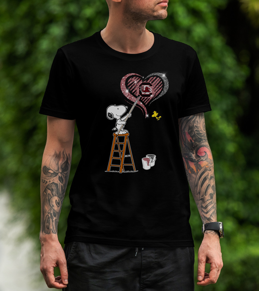 Snoopy Painting Heart South Carolina Gamecocks Logo Sparkle T-Shirt