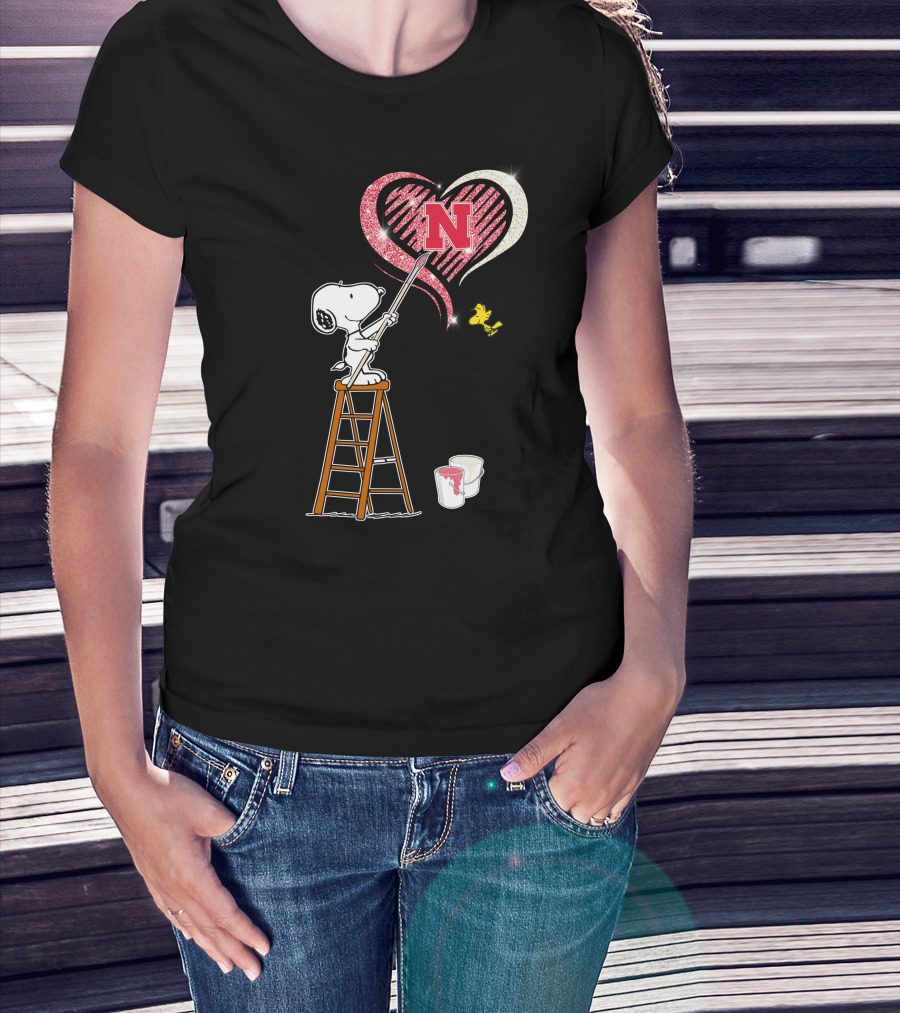 Snoopy Nebraska Huskers Heart Painting Woodstock Collaboration T-Shirt