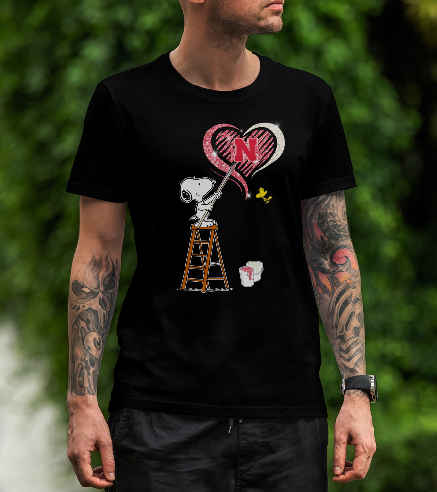 Snoopy Nebraska Huskers Heart Painting Woodstock Collaboration T-Shirt