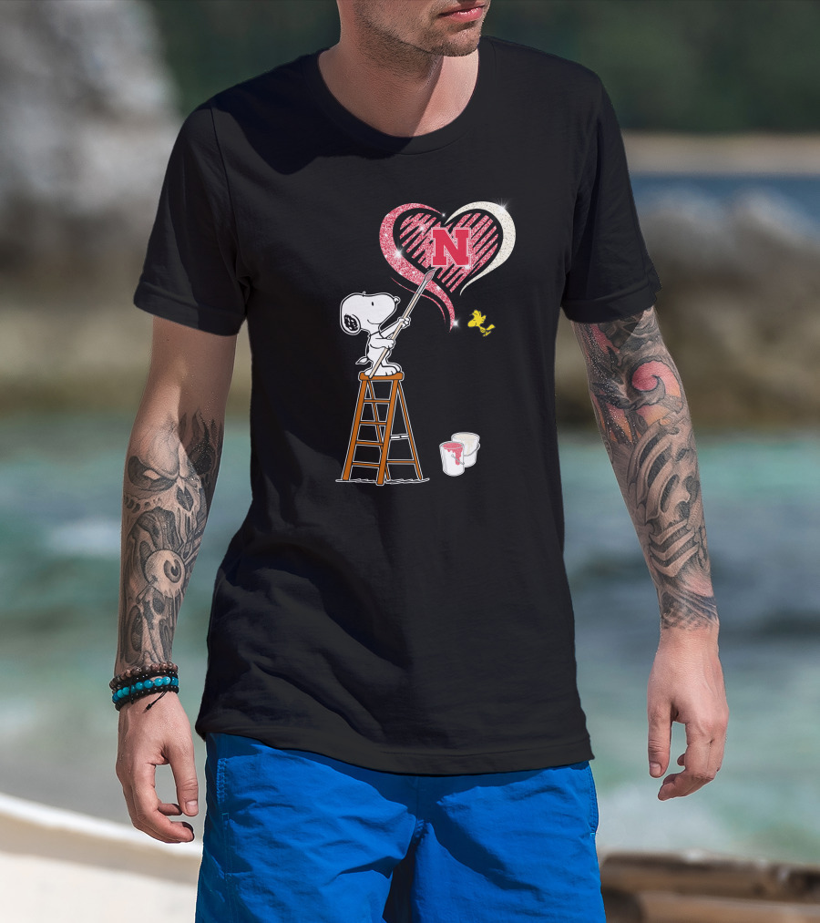 Snoopy Nebraska Huskers Heart Painting Woodstock Collaboration T-Shirt