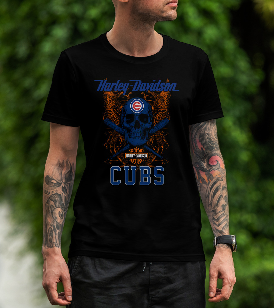 Harley Davidson Motor Cycles Cubs Skull And Crossed Bats T-Shirt