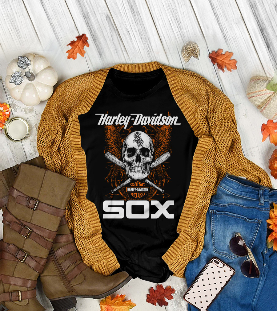 Harley Davidson Motor Cycles Chicago White Sox Skull And Crossed Bats T-Shirt