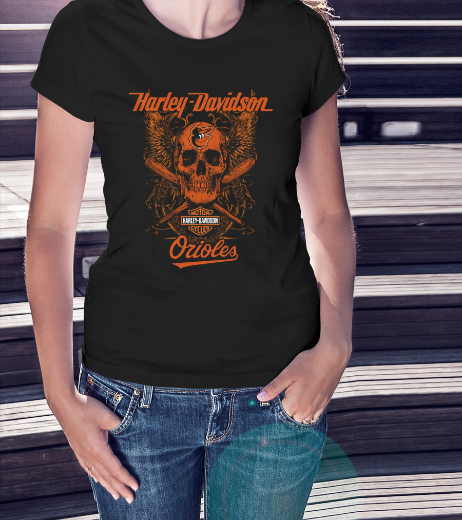 Harley Davidson Baltimore Orioles Skull Wings Motor Cycles T-Shirt