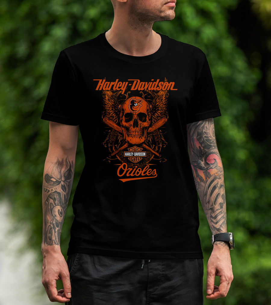 Harley Davidson Baltimore Orioles Skull Wings Motor Cycles T-Shirt