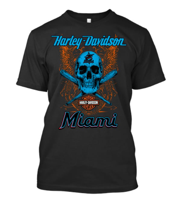 Harley Davidson Miami Skull With Bats And Marlins T-Shirt