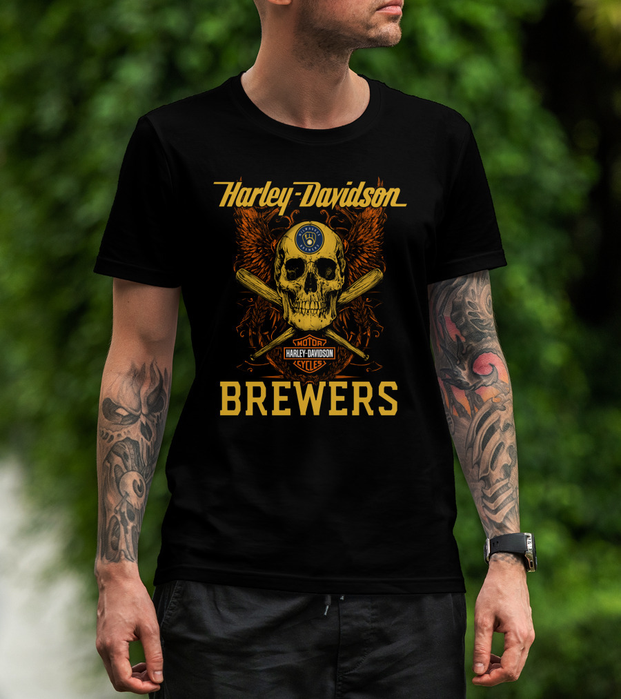 Harley Davidson Skull And Crossed Bats Milwaukee Brewers Motor Cycles T-Shirt