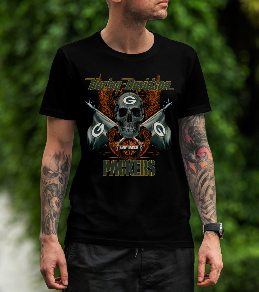 Harley Davidson Packers Skull Flags Green Bay T-Shirt