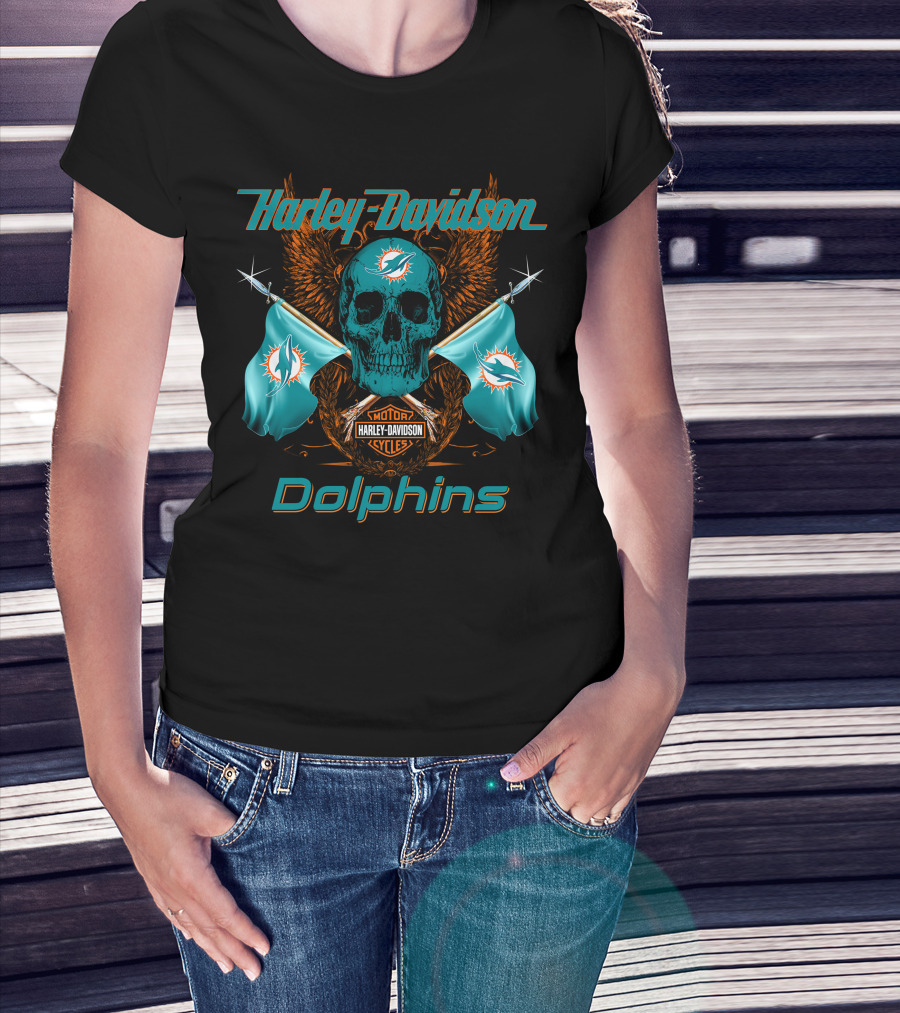 Harley Davidson Dolphins Skull Motor Cycles Flag T-Shirt