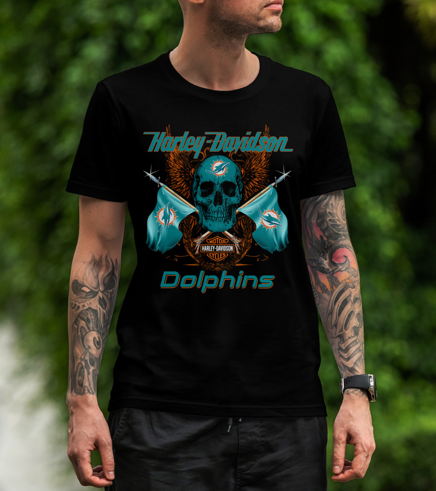 Harley Davidson Dolphins Skull Motor Cycles Flag T-Shirt