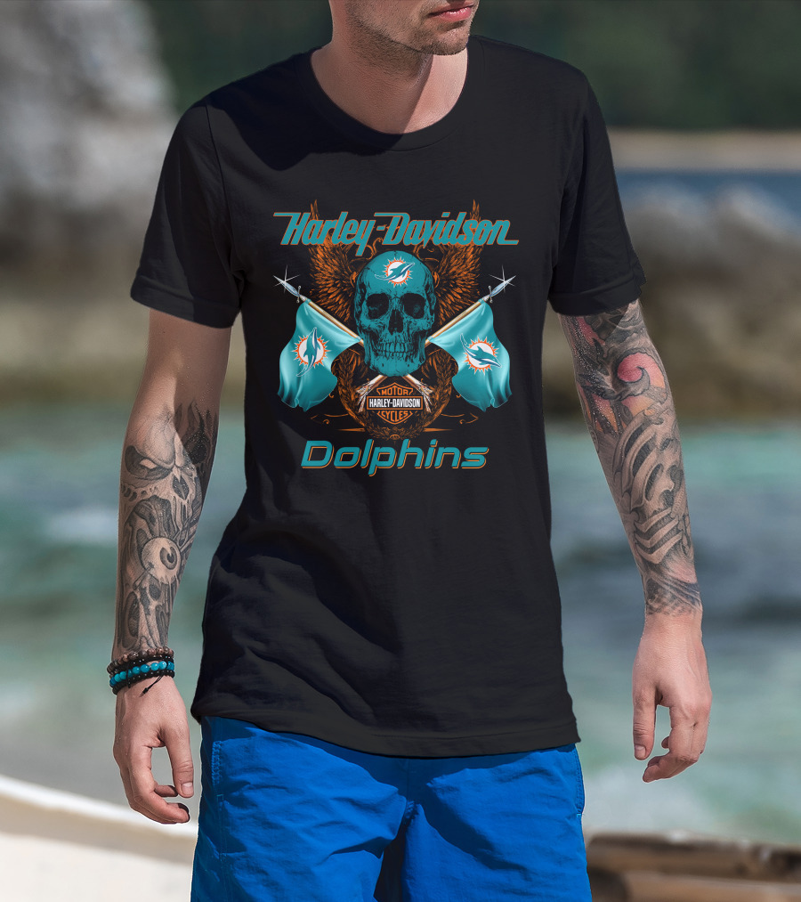 Harley Davidson Dolphins Skull Motor Cycles Flag T-Shirt