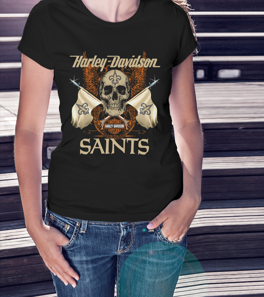 Harley Davidson Saints Skull With Fleur-De-Lis Flags And Wings T-Shirt