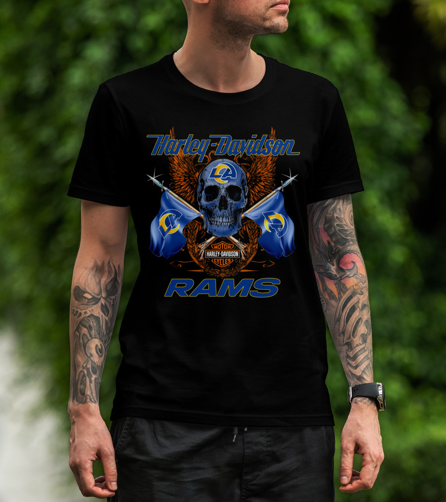 Harley Davidson Los Angeles Rams Motorcycle Cycles Skull Flags T-Shirt