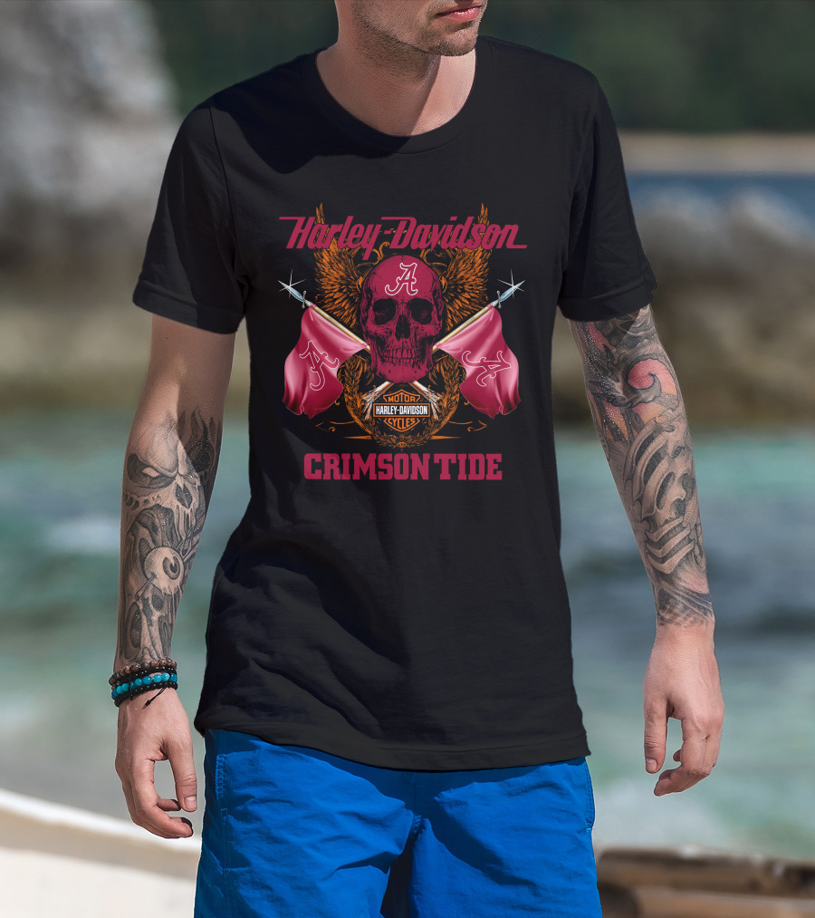 Crimson Tide Harley Davidson Skull And Flags T-Shirt