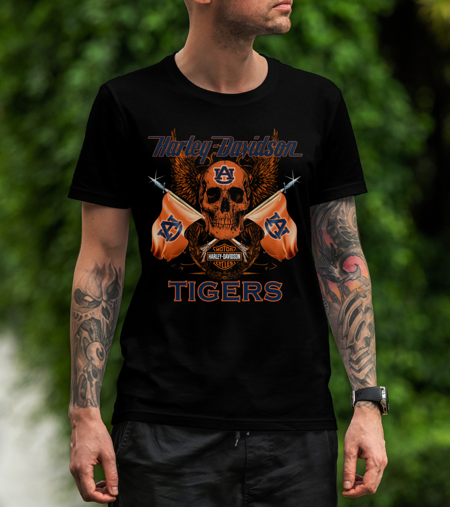 Harley Davidson Auburn Tigers Skull And Flags T-Shirt