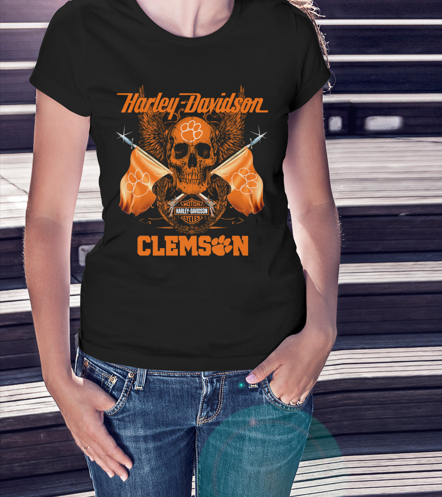 Harley Davidson Clemson Skull With Orange Flags And Paw Print T-Shirt