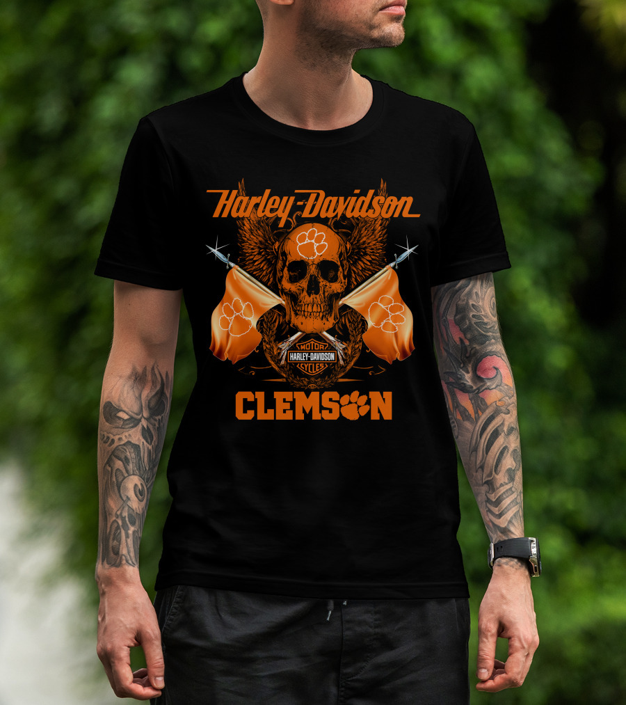 Harley Davidson Clemson Skull With Orange Flags And Paw Print T-Shirt