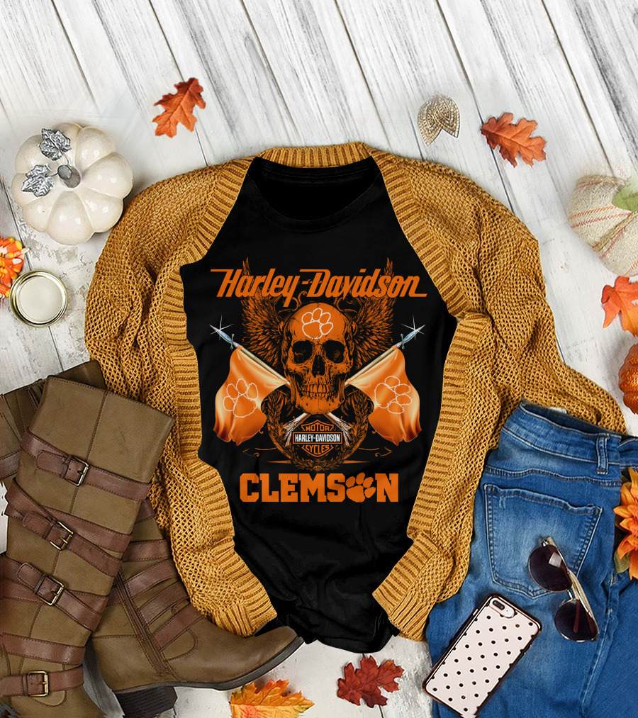 Harley Davidson Clemson Skull With Orange Flags And Paw Print T-Shirt