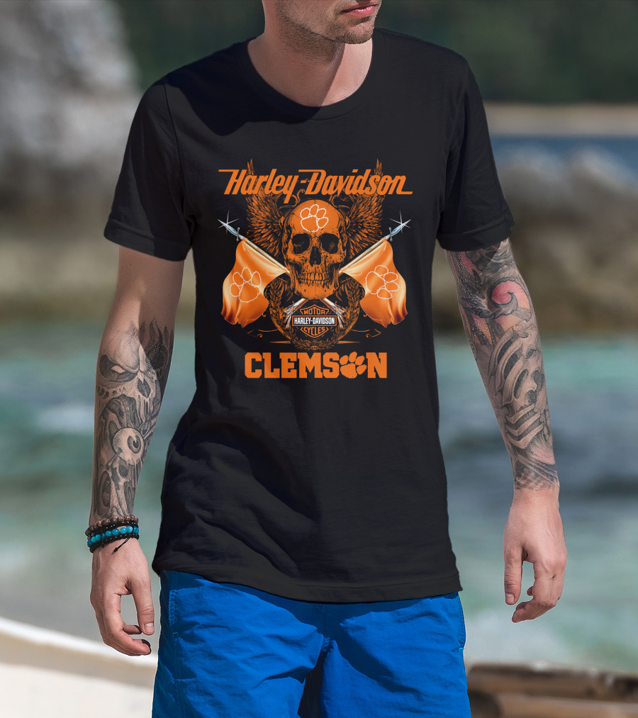 Harley Davidson Clemson Skull With Orange Flags And Paw Print T-Shirt